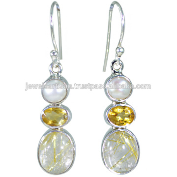 Rutilated Quartz And Citrine With Pearl Gemstone 925 Sterling Silver Earring